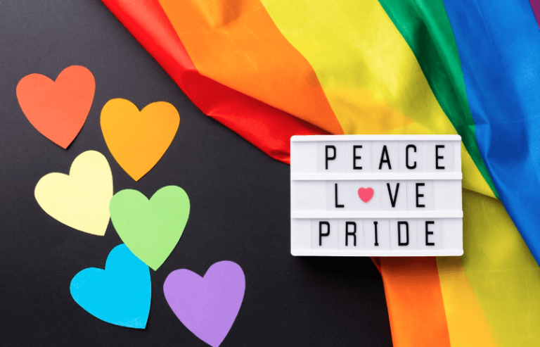 Rainbow pride flag and peace love pride
